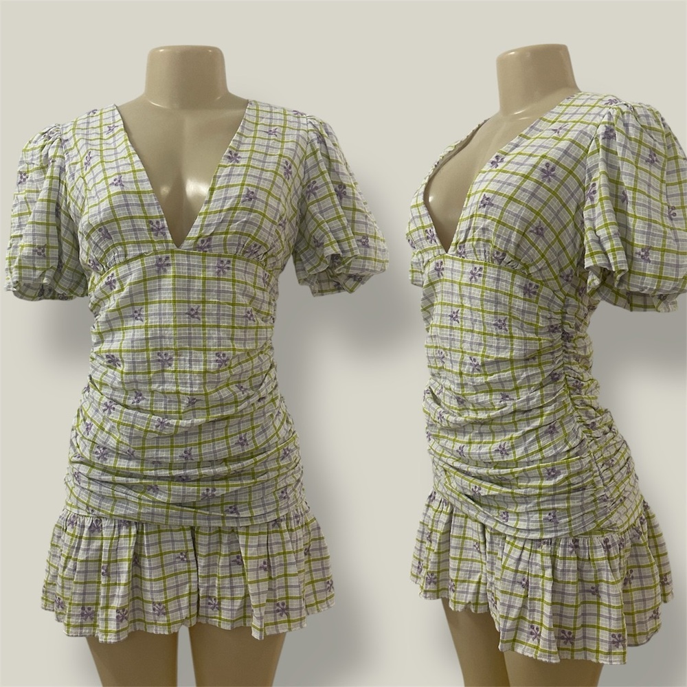 Zara Plaid V-Neck Ruched Checkered Draped Medium Dress